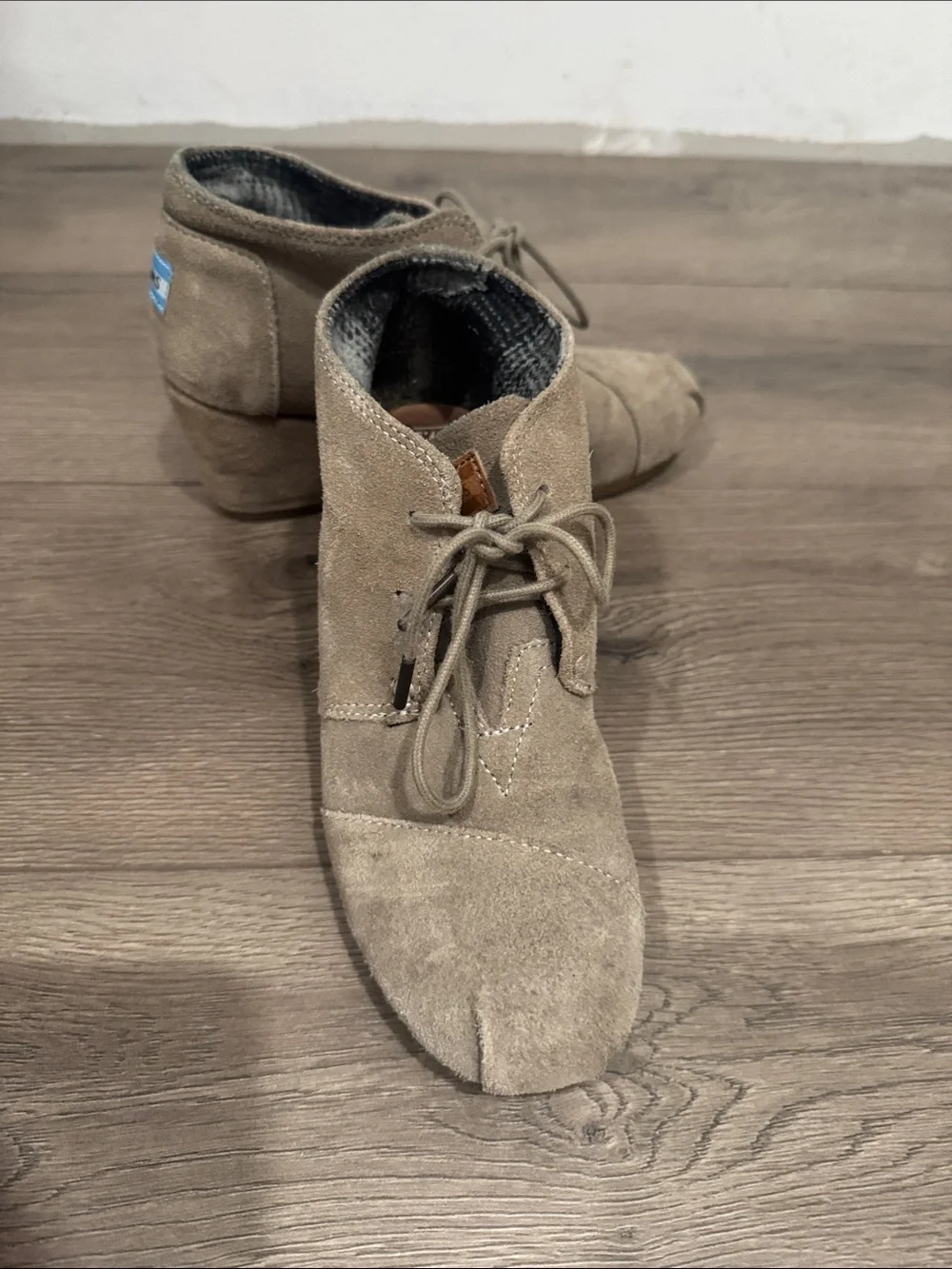 Toms Taupe Suede Lace-Up Wedge Booties